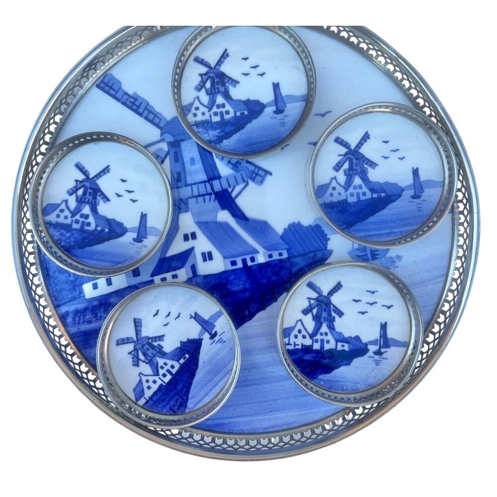 Vintage Delft Blue Windmill Scene Tray & 5 Coasters With Filigree Sides Marked G
